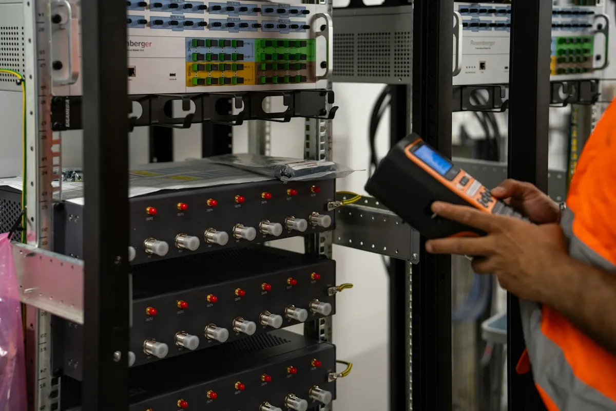 Technician with a handheld label printer at a rack of patch panels, the on-premises hardware a self-managed Kubernetes cluster runs on
