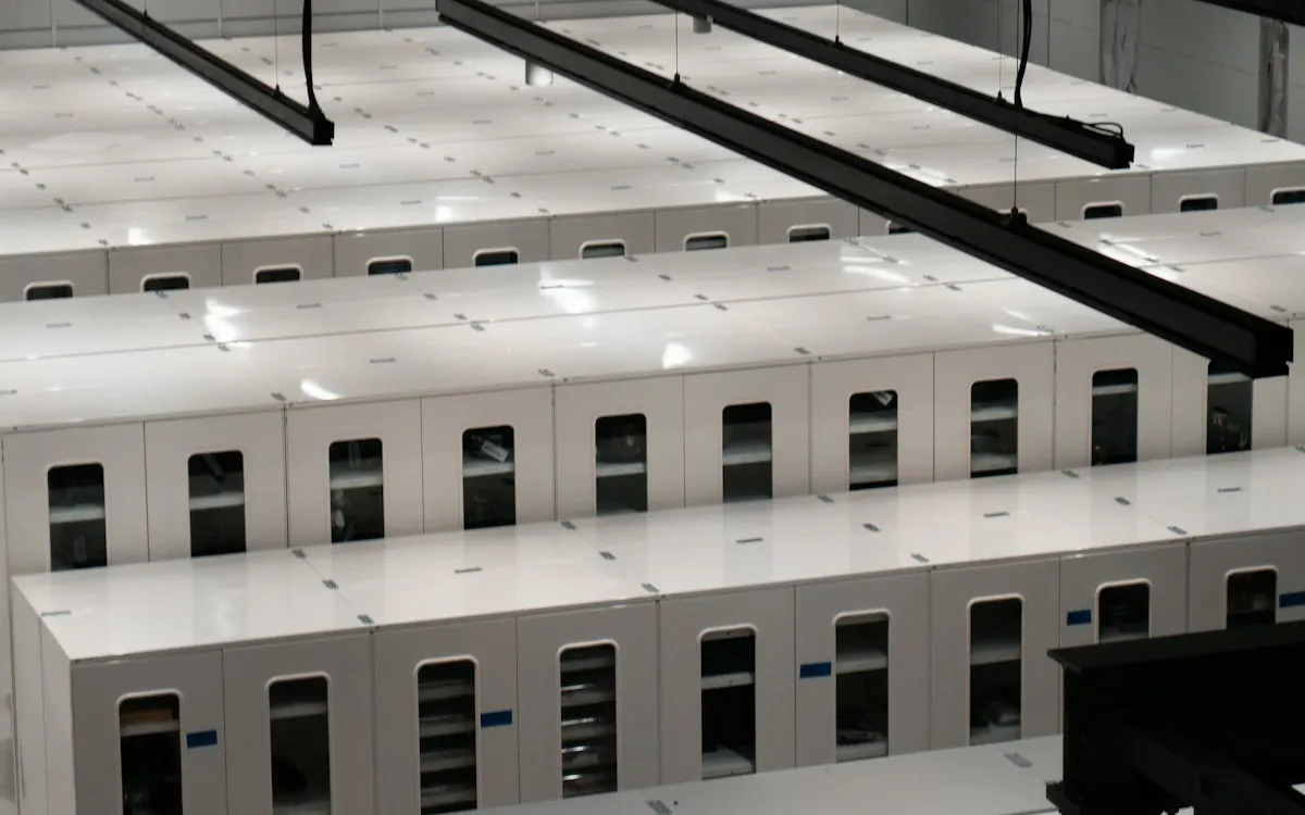 Rows of white server cabinets in a datacenter hall, the kind of second facility a SQL Server standby can run in